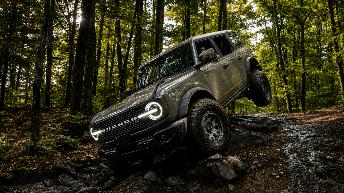 BRBN Offroad's dark gray Ford Bronco off-road SUV descending a muddy, rocky forest trail, with trees in the background.